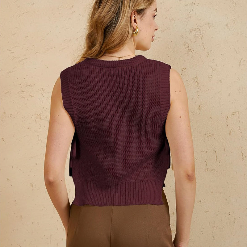 ZhiKnit Women's Tie Side Sweater Vest Tops Split Hem Knitted Sleeveless Crew Neck Tank Fall Top