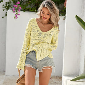 ZhiKnit Womens Spring Summer Crochet Bell Sleeve Tops Off The Shoulder Knit Sweater Top Beach Cover Up