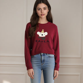 ZhiKnit Women's cartoon teddy bear Christmas sweater paired with innovative printed round neck sweater pullover