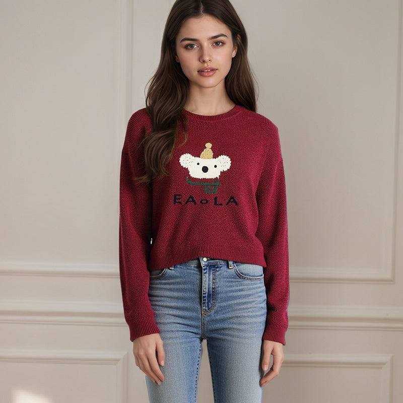 ZhiKnit Women's cartoon teddy bear Christmas sweater paired with innovative printed round neck sweater pullover