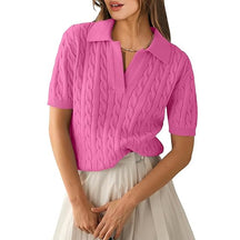 ZhiKnit Women's Short Sleeve Sweaters Tops Polo V Neck Cable Knit Casual Soft Pullover Shirts 2025 Summer Outfits