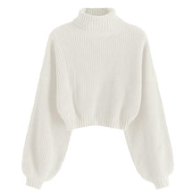 ZhiKnit Women's Cropped Turtleneck Sweater Lantern Sleeve Ribbed Knit Pullover Sweater Jumper