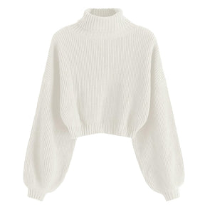 ZhiKnit Women's Cropped Turtleneck Sweater Lantern Sleeve Ribbed Knit Pullover Sweater Jumper