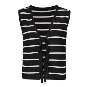 ZhiKnit Women's Sleeveless Striped Sweater Vest V Neck Tie Bow Crochet Knit Tank Tops Casual Loose Cardigan