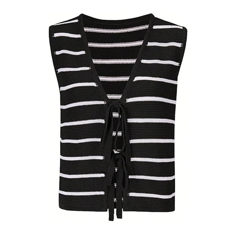 ZhiKnit Women's Sleeveless Striped Sweater Vest V Neck Tie Bow Crochet Knit Tank Tops Casual Loose Cardigan