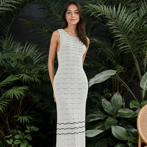 ZhiKnit Summer dress casual sleeveless hollow knit striped mid length vest skirt
