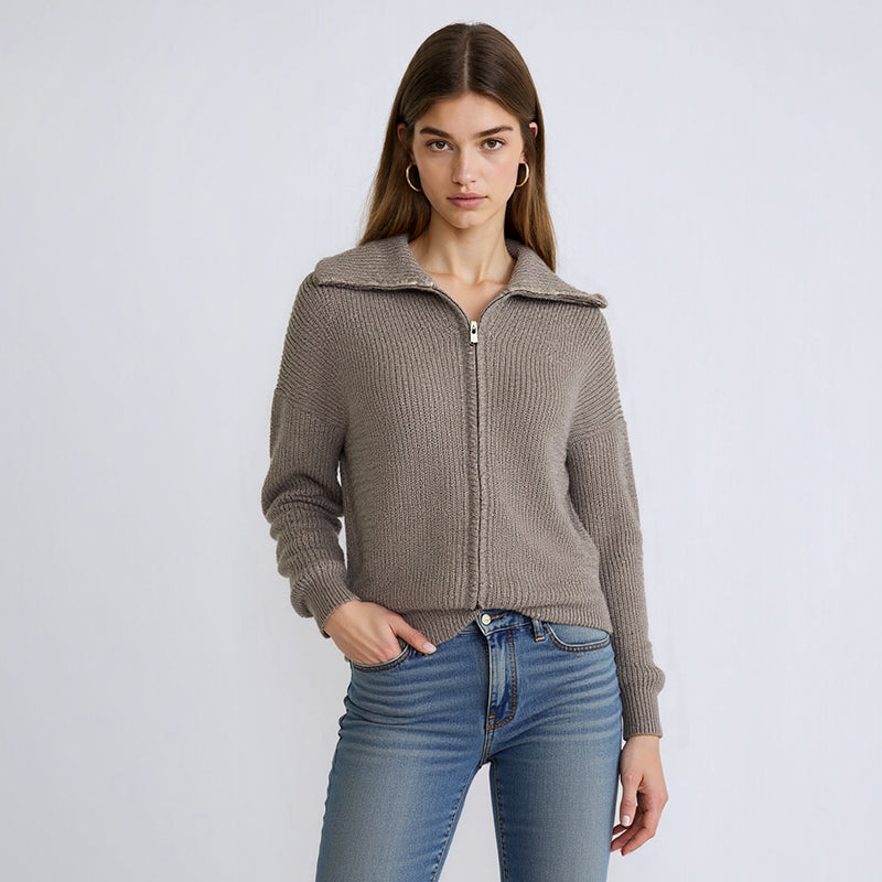 ZhiKnit  Women's zipper lapel cardigan sweater knitted off shoulder autumn hoodie jacket loose fit collar sweater