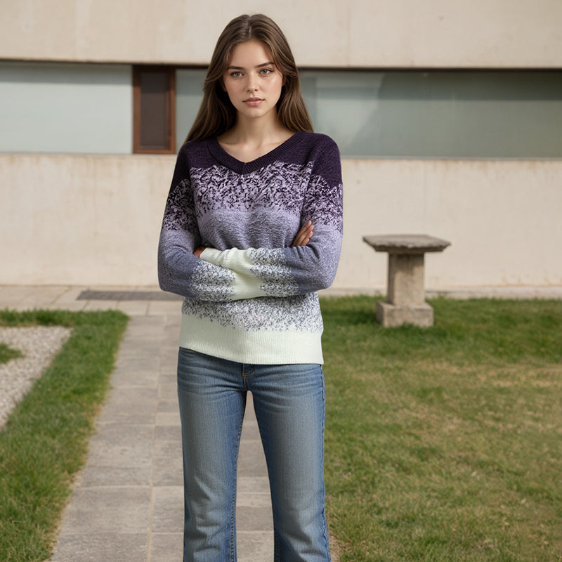 Women's Striped Colorful Sweater Long Sleeves V territory CrewNeck