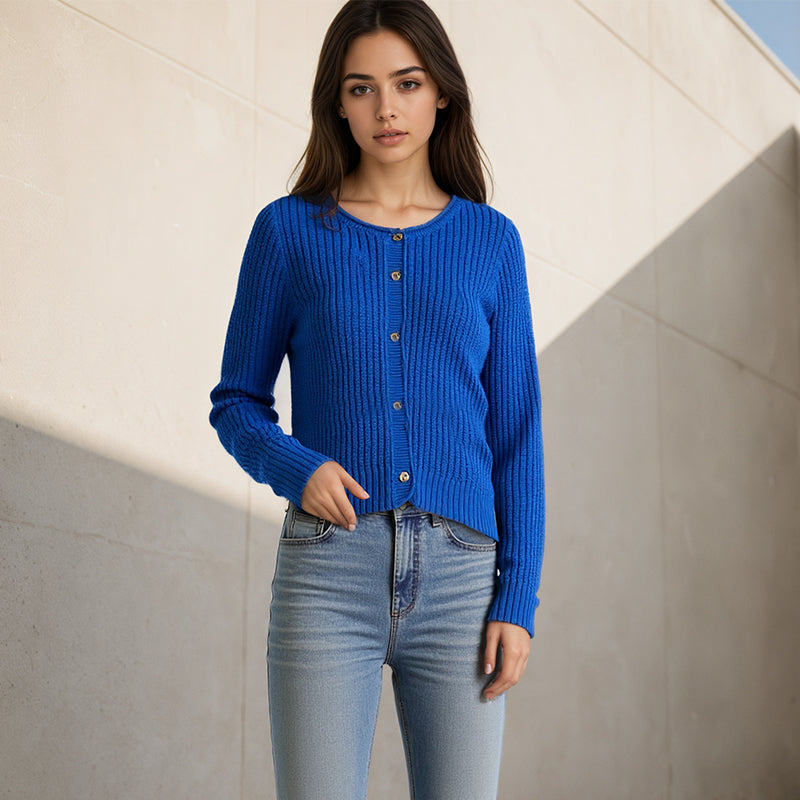 ZhiKnit Women's round neck buckle long sleeved solid color knitted classic cardigan vest+jacket sweater two-piece set