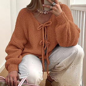 ZhiKnit Women's Tie Front Bow Cardigan Sweaters Chunky Knit Long Puff Sleeve Trendy Fall Winter Jacket Coats