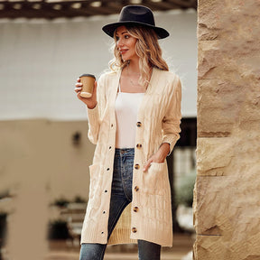 ZhiKnit Long Sleeve Cable Knit Long Cardigan for Women 2025 Fall Winter Chunky Open Front Button Sweaters with Pockets