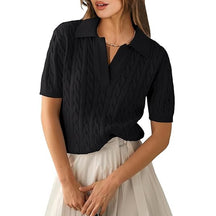 ZhiKnit Women's Short Sleeve Sweaters Tops Polo V Neck Cable Knit Casual Soft Pullover Shirts 2025 Summer Outfits