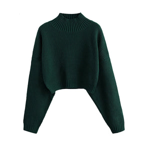 ZhiKnit Women's Cropped Turtleneck Sweater Lantern Sleeve Ribbed Knit Pullover Sweater Jumper