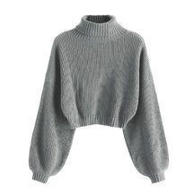 ZhiKnit Women's Cropped Turtleneck Sweater Lantern Sleeve Ribbed Knit Pullover Sweater Jumper