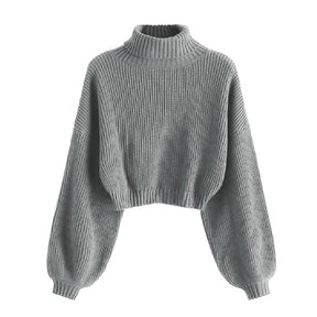 ZhiKnit Women's Cropped Turtleneck Sweater Lantern Sleeve Ribbed Knit Pullover Sweater Jumper
