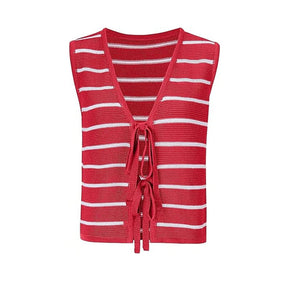 ZhiKnit Women's Sleeveless Striped Sweater Vest V Neck Tie Bow Crochet Knit Tank Tops Casual Loose Cardigan
