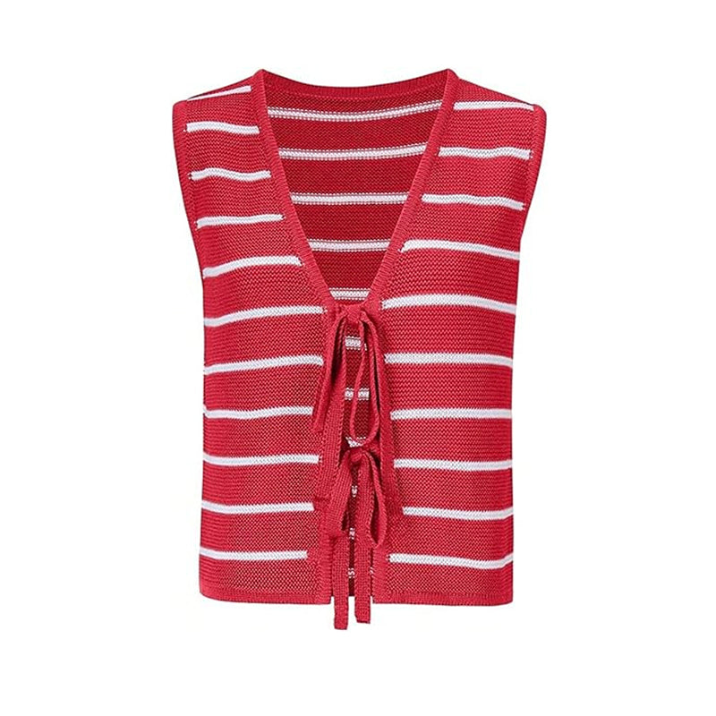 ZhiKnit Women's Sleeveless Striped Sweater Vest V Neck Tie Bow Crochet Knit Tank Tops Casual Loose Cardigan