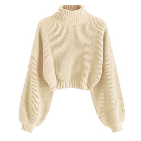 ZhiKnit Women's Cropped Turtleneck Sweater Lantern Sleeve Ribbed Knit Pullover Sweater Jumper