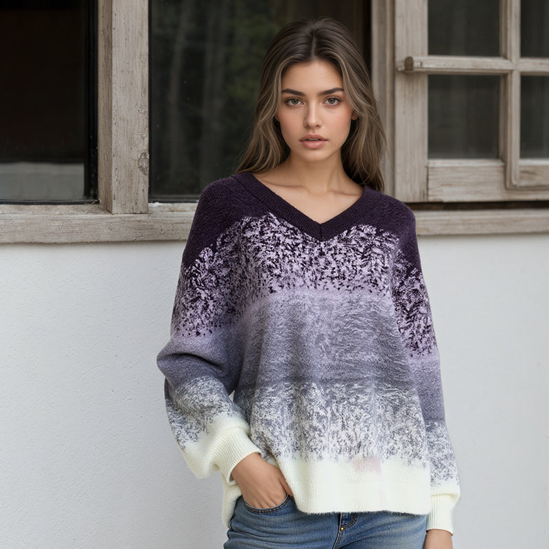 Women's Striped Colorful Sweater Long Sleeves V territory CrewNeck