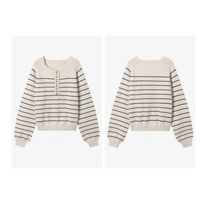 ZhiKnit Women's Color Block Striped Sweaters Button Up Crewneck Pullover Ribbed Knit Sweater Tops