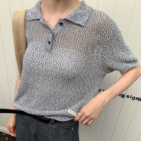 ZhiKnit  Women's Solid Casual Loose Simple Office Pullover Short Sleeve Knit Lapel Tops