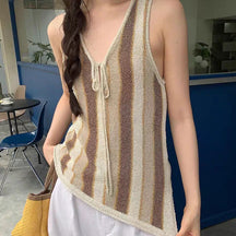 ZhiKnit Women's vest striped sweater vest 2025 summer Y2k split button V-neck sleeveless vest