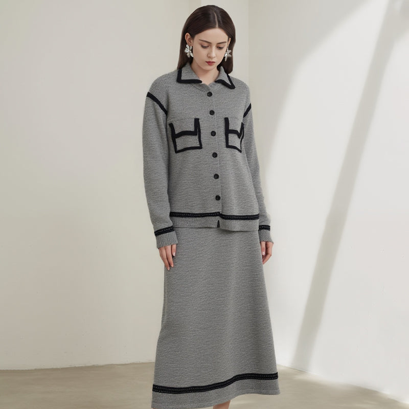 ZhiKnit 2-piece Women's Fashion Sweater Set Skirt Fashion Casual Knitted Long Sleeve Button Round Neck Top, Half Body A-line Skirt Knitted Casual Travel Clothing Wi