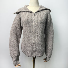 ZhiKnit  Women's zipper lapel cardigan sweater knitted off shoulder autumn hoodie jacket loose fit collar sweater