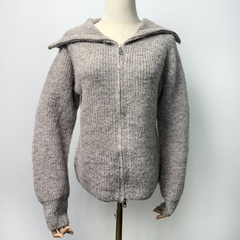 ZhiKnit  Women's zipper lapel cardigan sweater knitted off shoulder autumn hoodie jacket loose fit collar sweater