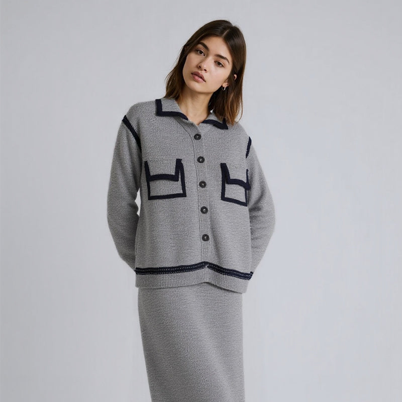 ZhiKnit 2-piece Women's Fashion Sweater Set Skirt Fashion Casual Knitted Long Sleeve Button Round Neck Top, Half Body A-line Skirt Knitted Casual Travel Clothing Wi