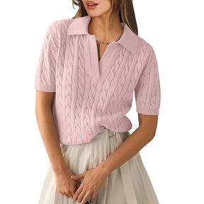 ZhiKnit Women's Short Sleeve Sweaters Tops Polo V Neck Cable Knit Casual Soft Pullover Shirts 2025 Summer Outfits
