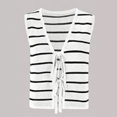 ZhiKnit Women's Sleeveless Striped Sweater Vest V Neck Tie Bow Crochet Knit Tank Tops Casual Loose Cardigan
