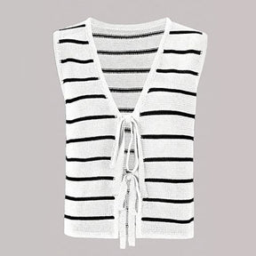 ZhiKnit Women's Sleeveless Striped Sweater Vest V Neck Tie Bow Crochet Knit Tank Tops Casual Loose Cardigan