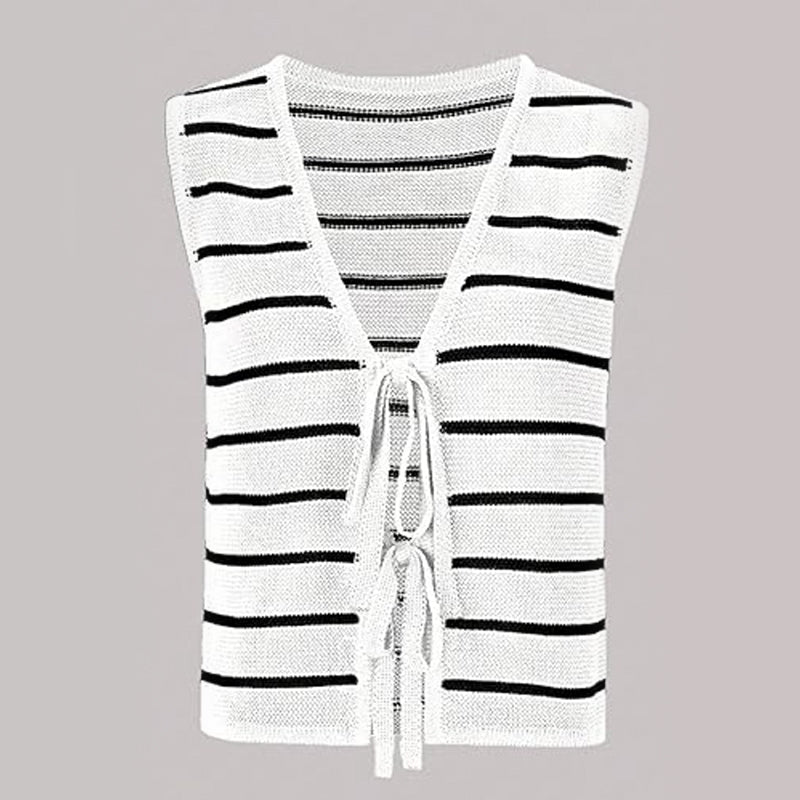 ZhiKnit Women's Sleeveless Striped Sweater Vest V Neck Tie Bow Crochet Knit Tank Tops Casual Loose Cardigan