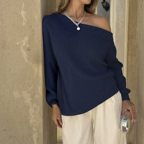 ZhiKnit Womens Off The Shoulder Sweater Asymmetrical Neck Fall Ribbed Knit Long Sleeve Pullover Sweaters Lightweight Top