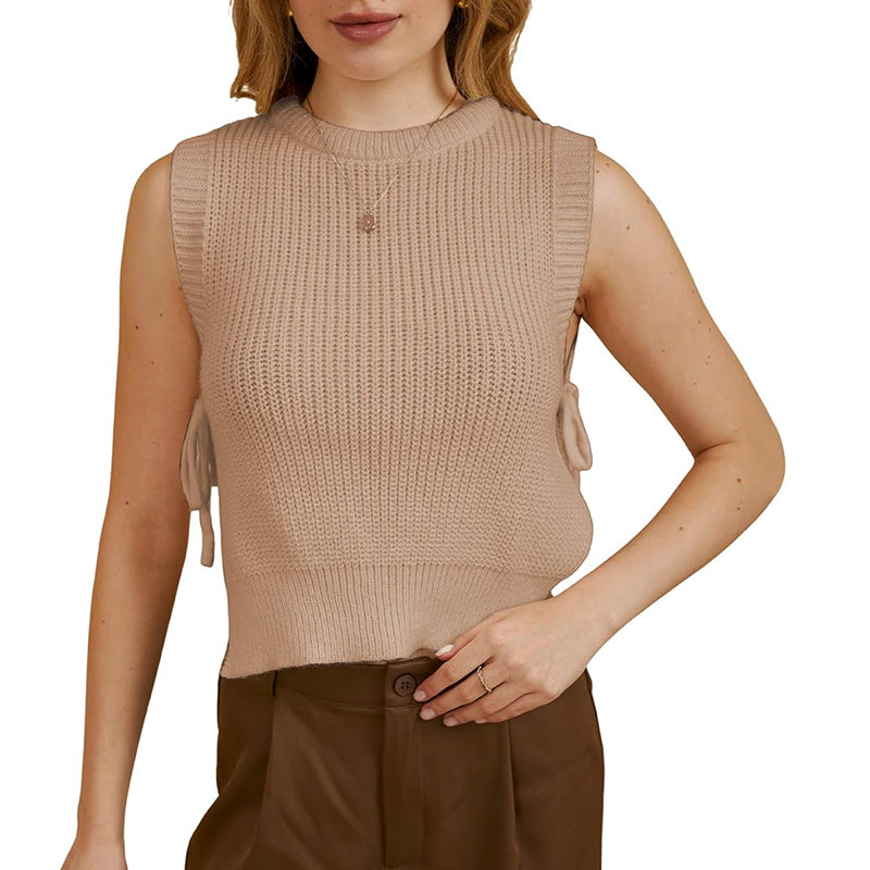 ZhiKnit Women's Tie Side Sweater Vest Tops Split Hem Knitted Sleeveless Crew Neck Tank Fall Top