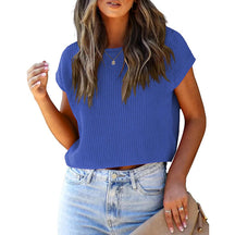 ZhiKnit Womens Summer Cropped Sweater Vest Trendy Cap Sleeve Crop Tops Crew Neck Loose Knit Tank Top
