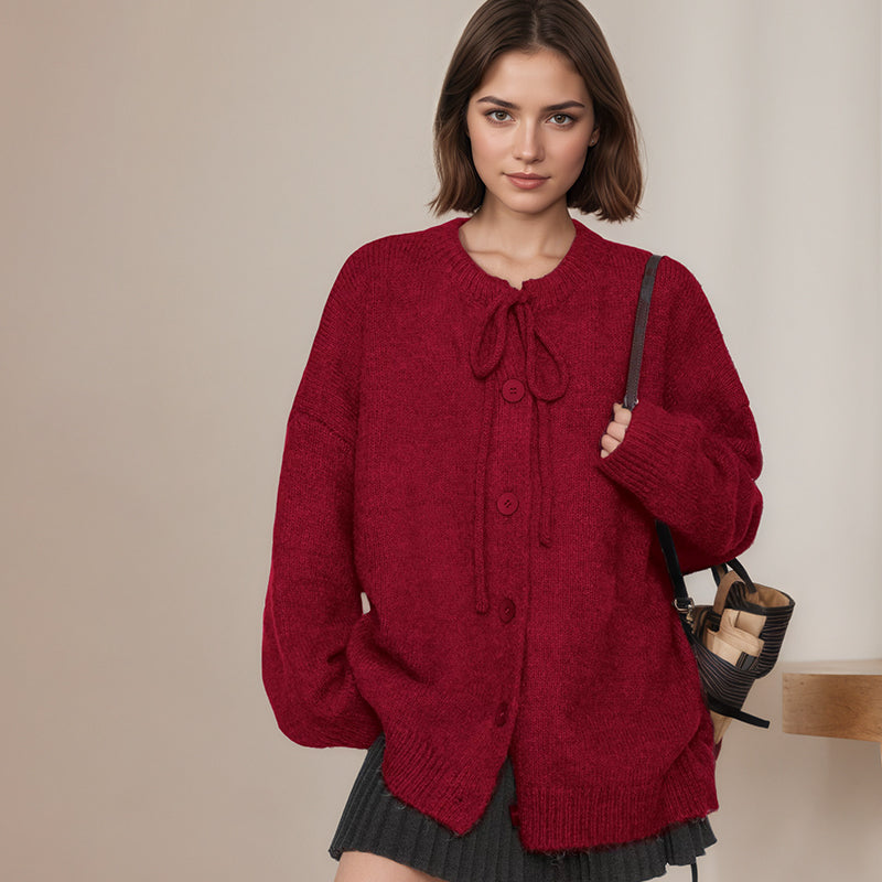 ZhiKnit  Women's Front Strap Bow Cardigan Sweater Thick Loose Coarse Knitted Long Sleeve Fashion Autumn/Winter Jacket Coat