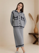 ZhiKnit 2-piece Women's Fashion Sweater Set Skirt Fashion Casual Knitted Long Sleeve Button Round Neck Top, Half Body A-line Skirt Knitted Casual Travel Clothing Wi