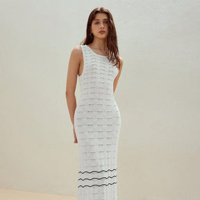 ZhiKnit Summer dress casual sleeveless hollow knit striped mid length vest skirt