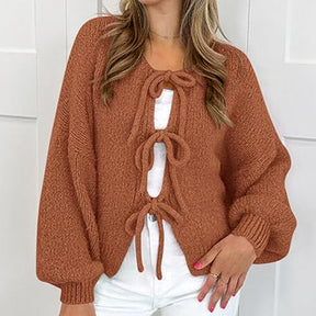 ZhiKnit Women's Tie Front Bow Cardigan Sweaters Chunky Knit Long Puff Sleeve Trendy Fall Winter Jacket Coats