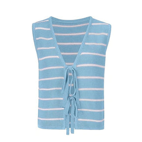 ZhiKnit Women's Sleeveless Striped Sweater Vest V Neck Tie Bow Crochet Knit Tank Tops Casual Loose Cardigan