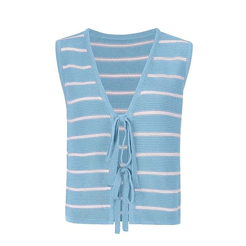 ZhiKnit Women's Sleeveless Striped Sweater Vest V Neck Tie Bow Crochet Knit Tank Tops Casual Loose Cardigan