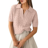 ZhiKnit Women's Short Sleeve Sweaters Tops Polo V Neck Cable Knit Casual Soft Pullover Shirts 2025 Summer Outfits