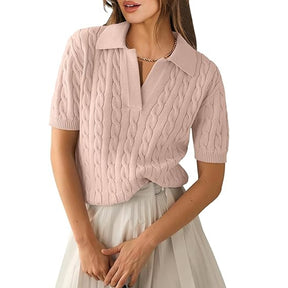 ZhiKnit Women's Short Sleeve Sweaters Tops Polo V Neck Cable Knit Casual Soft Pullover Shirts 2025 Summer Outfits