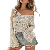 ZhiKnit Womens Spring Summer Crochet Bell Sleeve Tops Off The Shoulder Knit Sweater Top Beach Cover Up