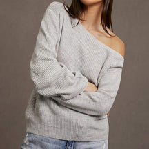 ZhiKnit Womens Off The Shoulder Sweater Asymmetrical Neck Fall Ribbed Knit Long Sleeve Pullover Sweaters Lightweight Top