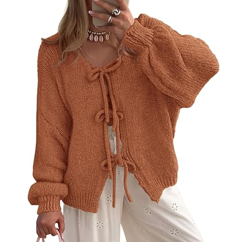 ZhiKnit Women's Tie Front Bow Cardigan Sweaters Chunky Knit Long Puff Sleeve Trendy Fall Winter Jacket Coats