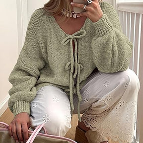 ZhiKnit Women's Tie Front Bow Cardigan Sweaters Chunky Knit Long Puff Sleeve Trendy Fall Winter Jacket Coats