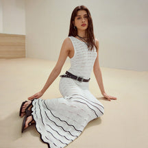 ZhiKnit Summer dress casual sleeveless hollow knit striped mid length vest skirt